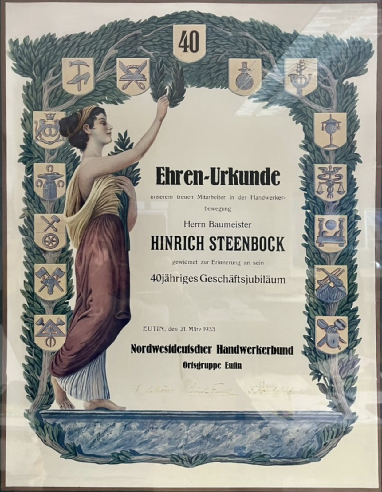 Ehren-Urkunde zum 40-jährigen Geschäftsjubiläum von Hinrich Steenbock